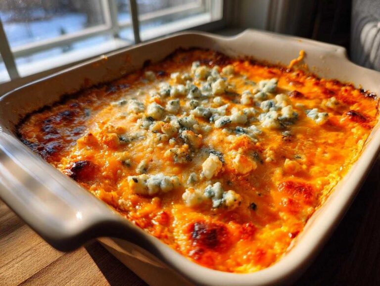 A close-up of hot, bubbly Buffalo chicken dip topped with crumbled blue cheese in a baking dish.