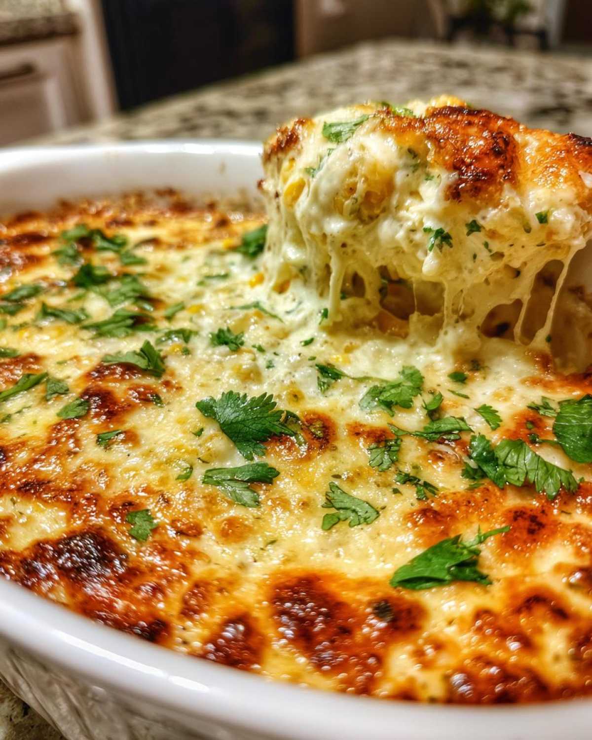 A spoonful of hot, cheesy corn dip with cream cheese being lifted from a white baking dish, showing melted cheese strings.