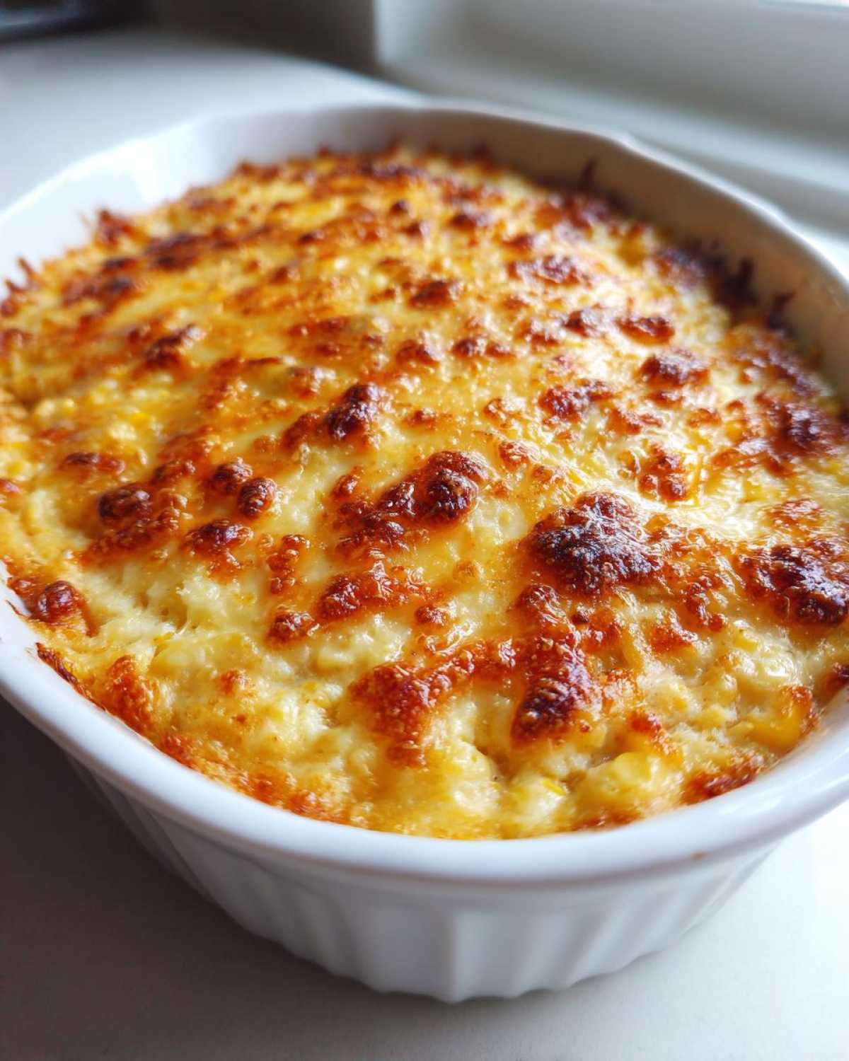 Close-up of a baked, creamy corn dip in a white ramekin with a bubbly, golden-brown melted cheese topping.