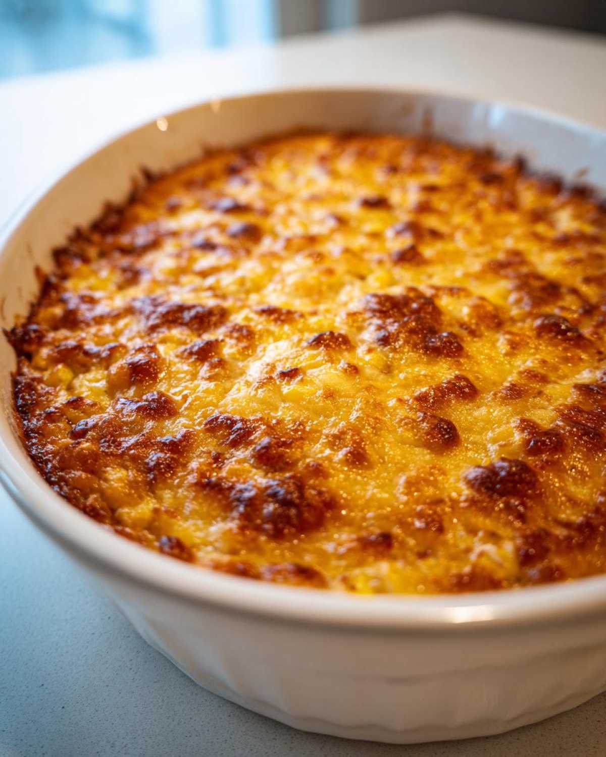 Close-up of a freshly baked, creamy corn dip with a bubbly, golden-brown cheese crust.