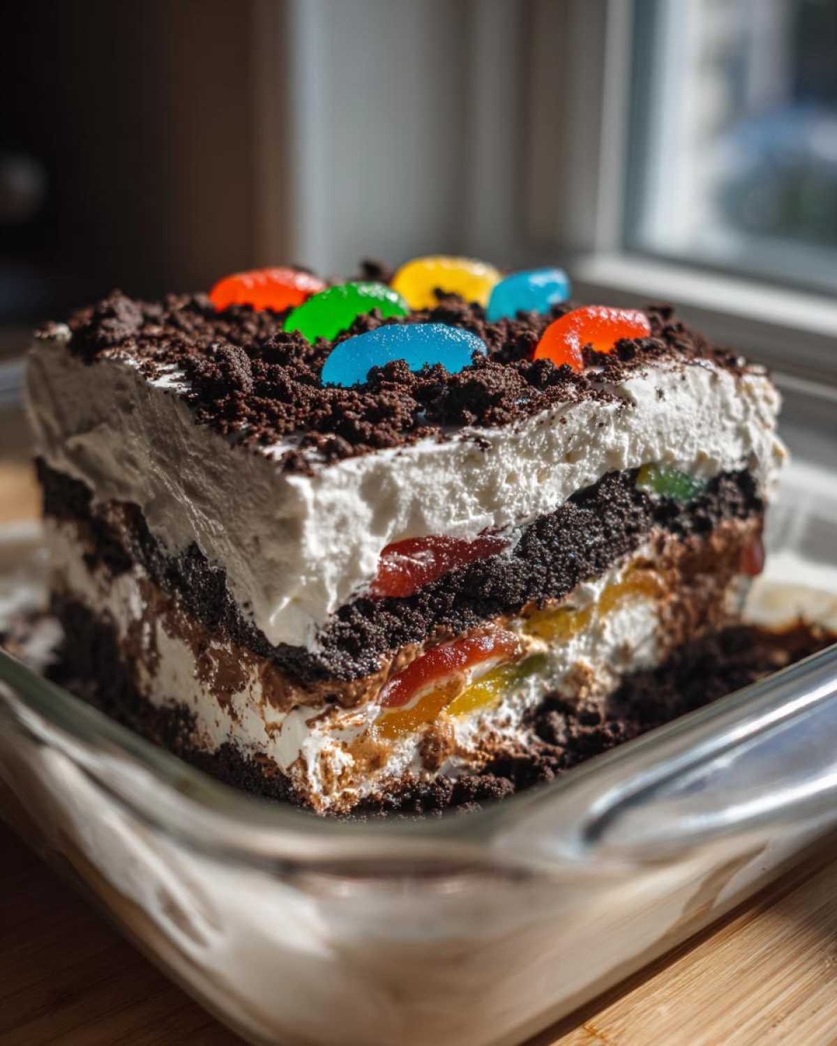 A layered slice of dirt cake showing chocolate crumb, cream, and gummy worms, ready to eat.