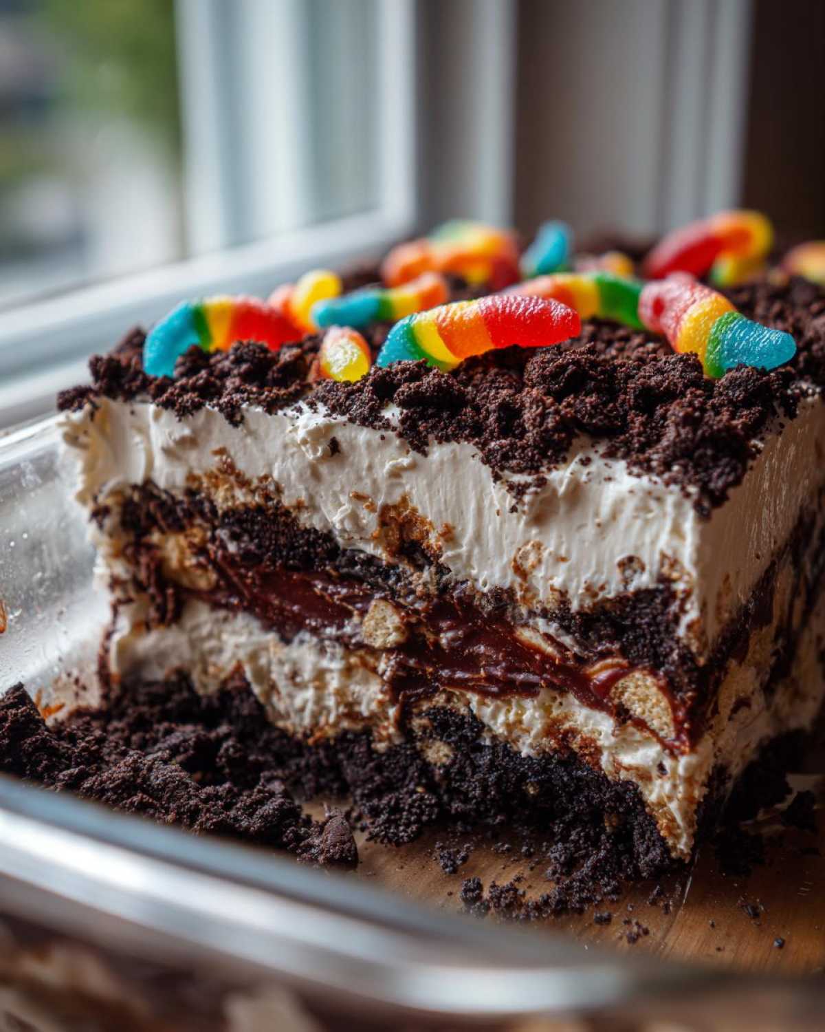 A cross-section view of a layered dirt cake topped with crushed cookies and colorful gummy worms.