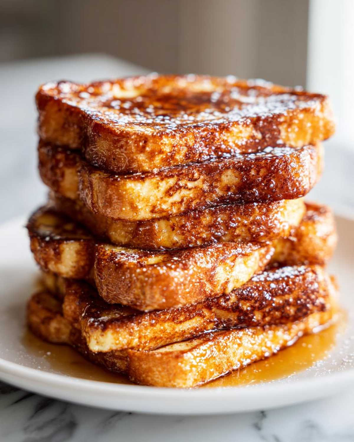 A tall stack of perfectly cooked french toast drizzled with powdered sugar and syrup.