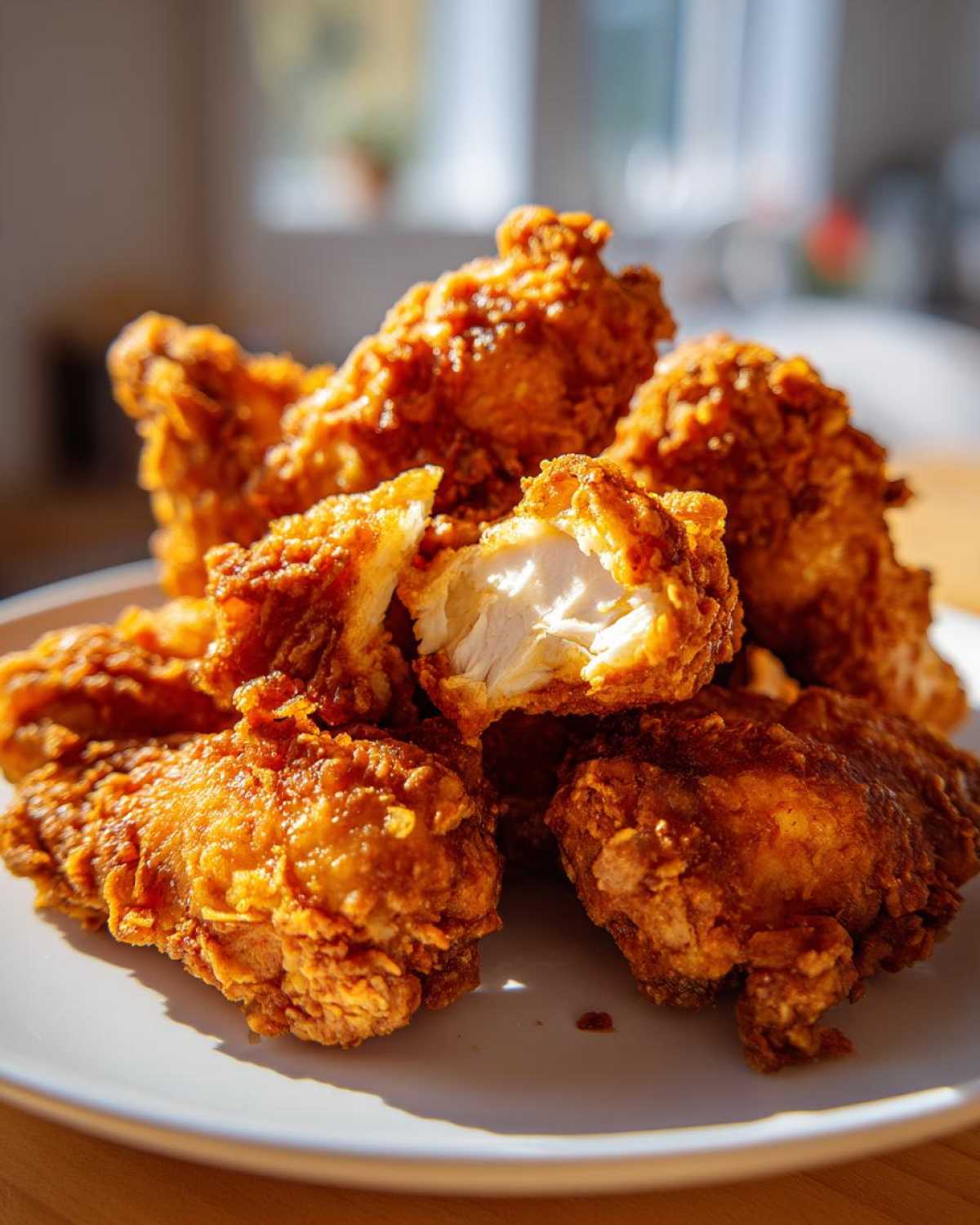 Close-up of a pile of golden brown, crispy fried chicken wings, one broken open showing juicy white meat.