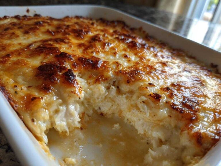 A close-up of a creamy, baked hot crab dip in a white dish with a bubbly, browned cheese topping.