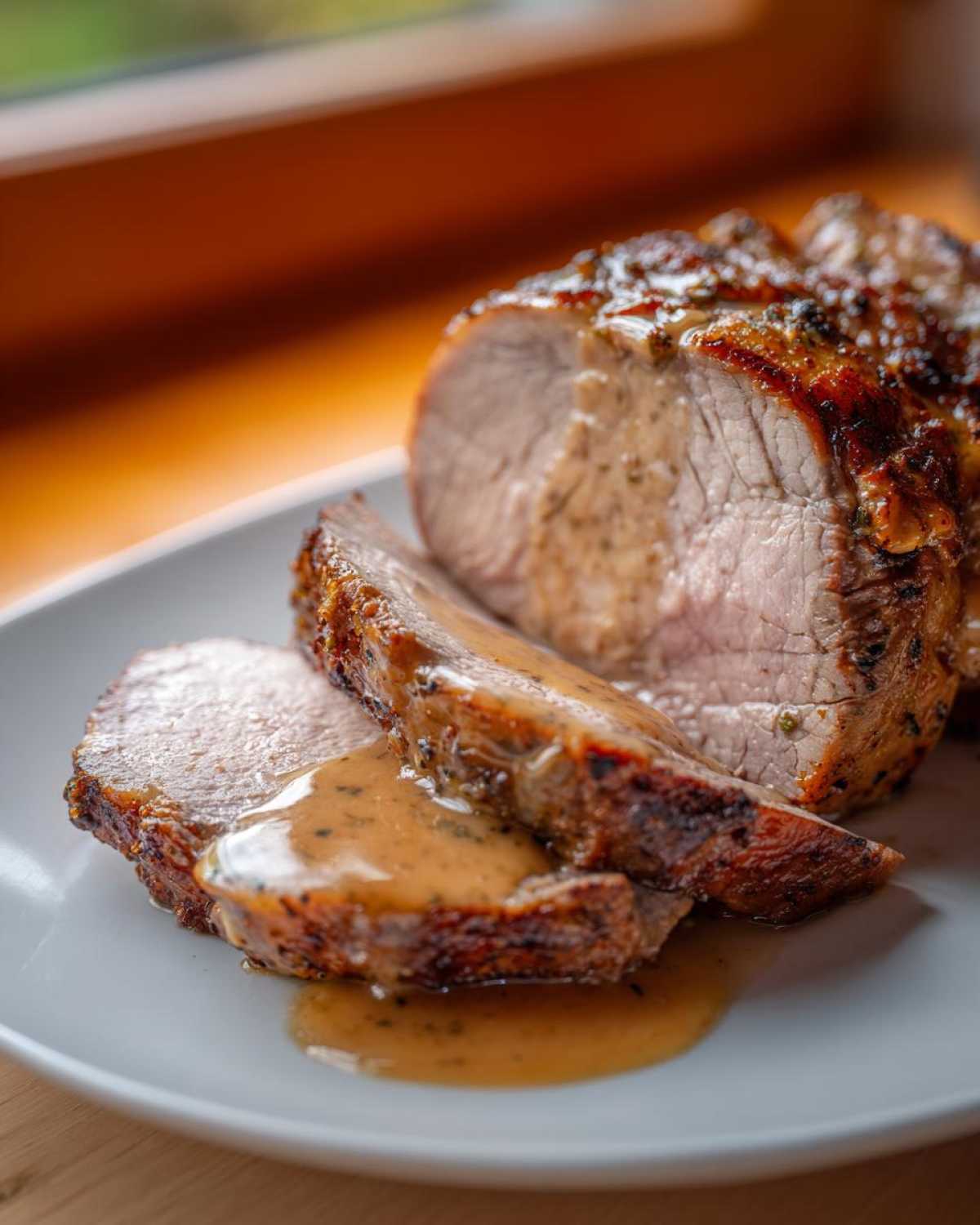 Close-up of a juicy pork loin roast, sliced and drizzled with savory brown gravy on a white plate.