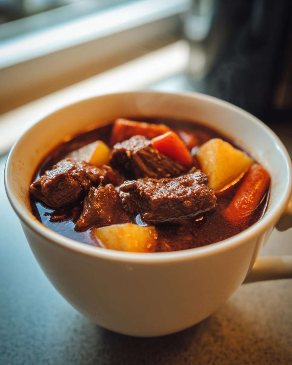 Close-up of a white bowl filled with rich, dark Amazing pork stew chunks and root vegetables.