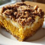 A close-up of a single serving slice of pumpkin crunch delight on a white plate.
