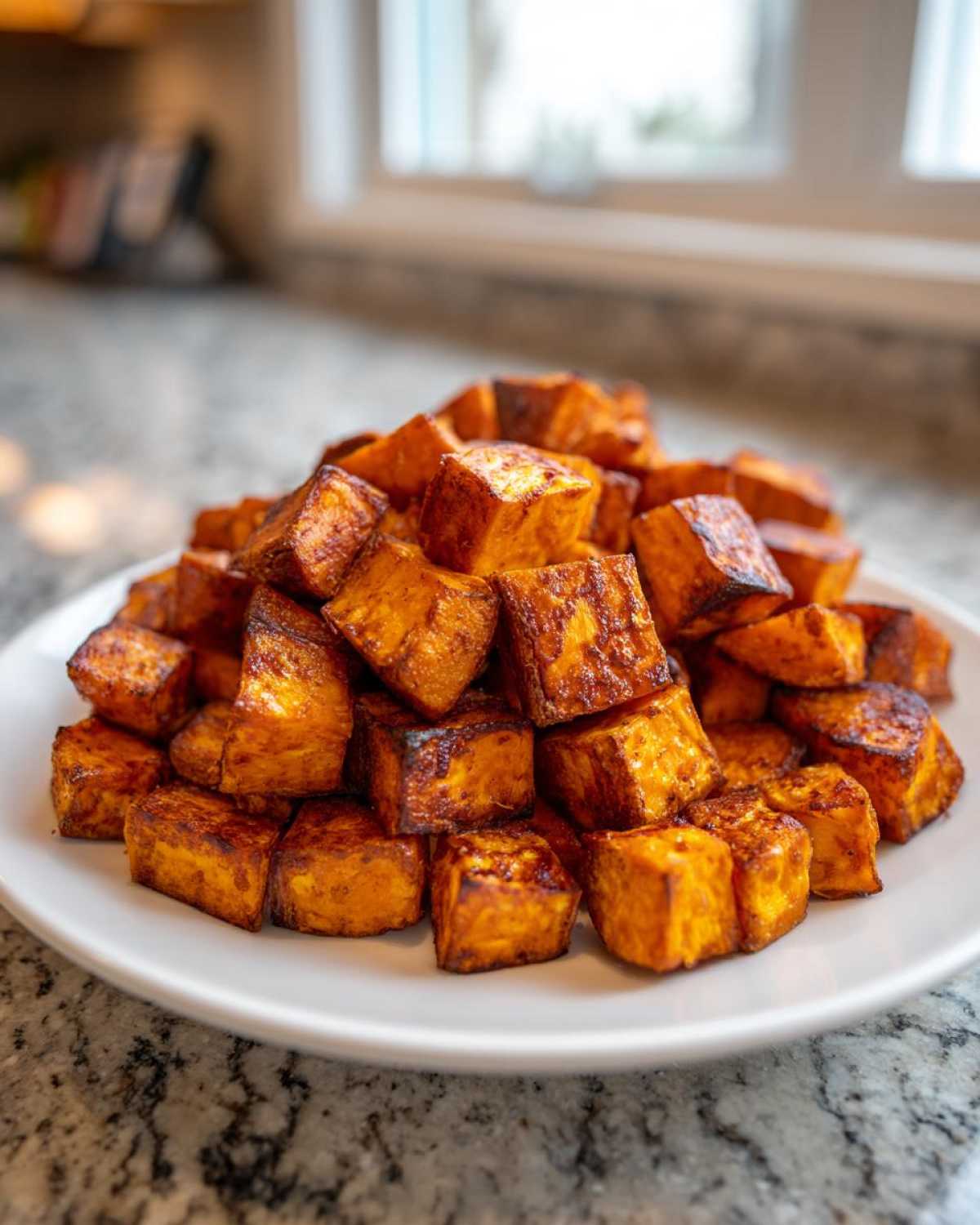 A close-up of a pile of perfectly caramelized, cubed roasted sweet potato on a white plate.