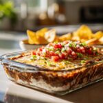 Close-up of a baked Seven layer dip in a clear glass dish, topped with fresh pico de gallo and green onions.