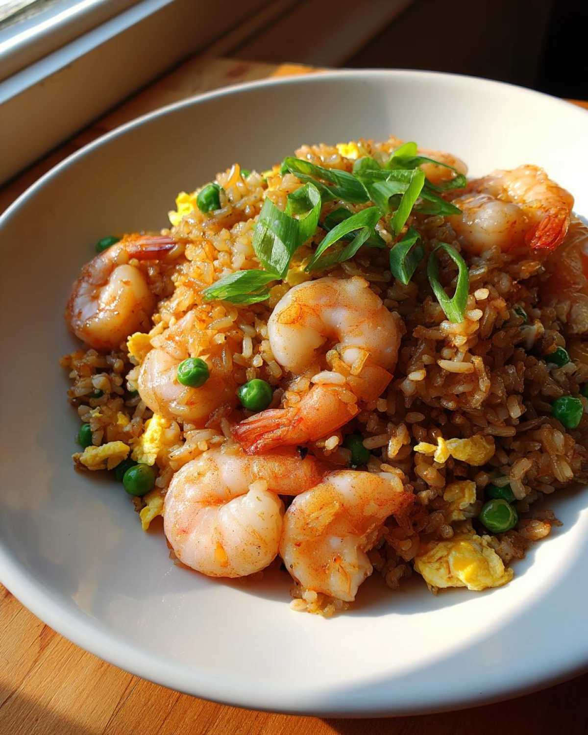 A close-up of delicious shrimp fried rice mixed with scrambled egg and green peas, garnished with fresh scallions.