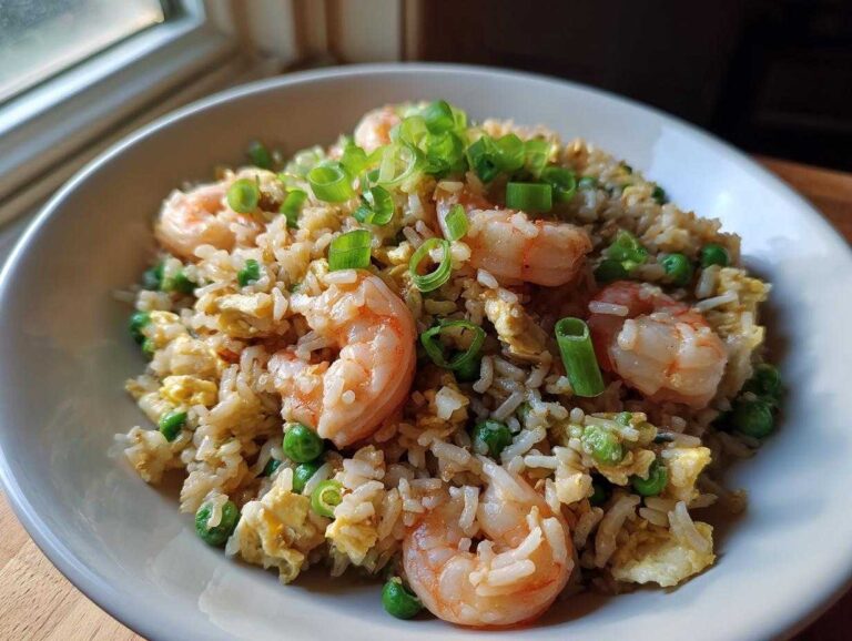 A close-up, appetizing shot of shrimp fried rice featuring large pink shrimp, scrambled egg, and green peas, topped with fresh scallions.