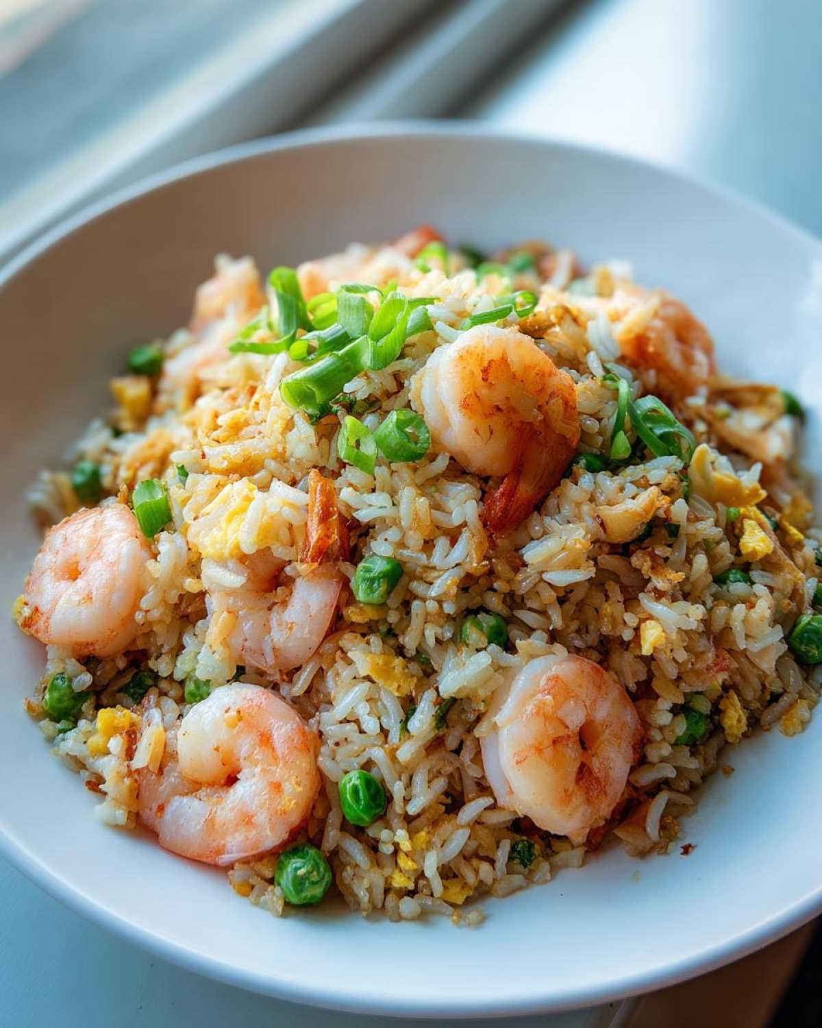 A close-up of a white bowl filled with amazing shrimp fried rice, featuring large shrimp, peas, egg, and green onion garnish.