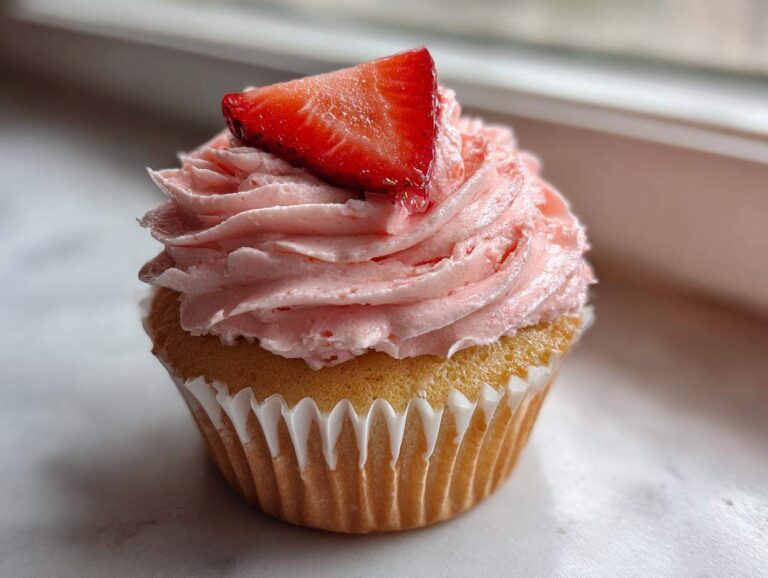 A single, perfectly baked strawberry cupcake topped with pink frosting and a fresh strawberry slice.