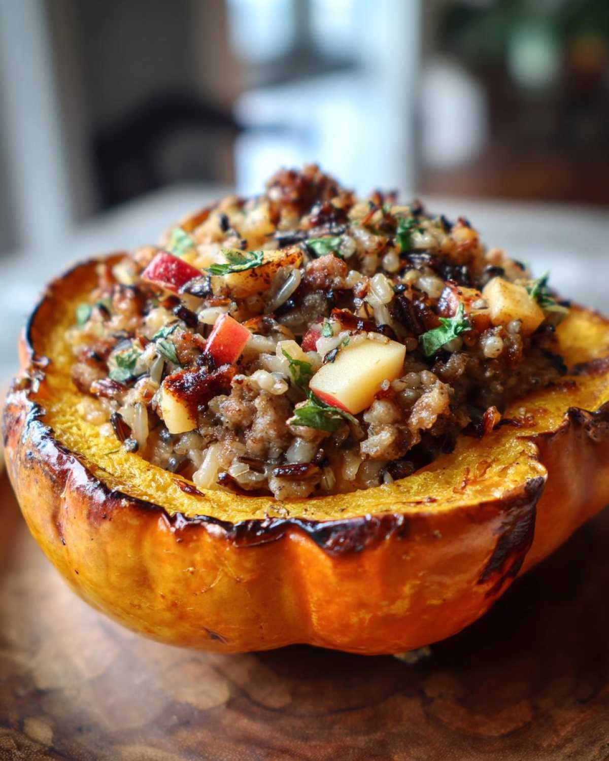 Close-up of an amazing stuffed acorn squash filled with wild rice, sausage, and diced apples.