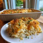 A generous serving of creamy Tuna Casserole with egg noodles and a golden, crispy breadcrumb topping on a white plate.