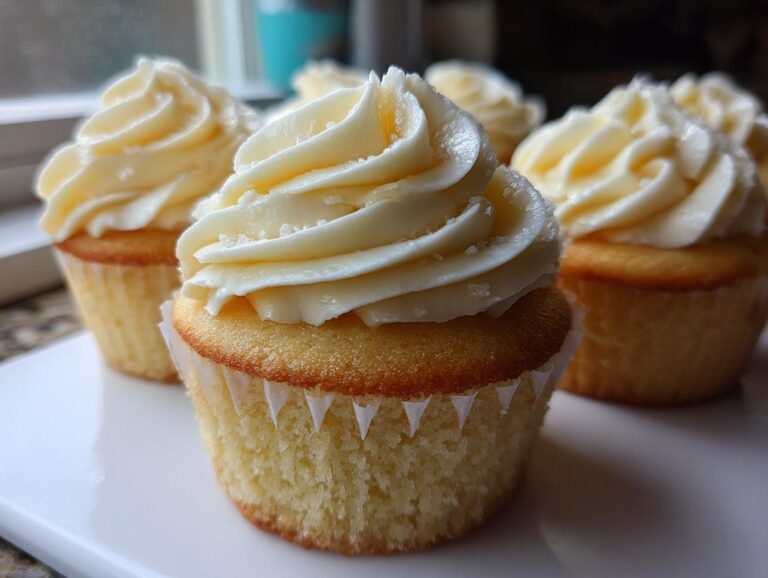 Close-up of several amazing vanilla cupcakes topped with thick swirls of creamy white frosting and sparkling sugar.