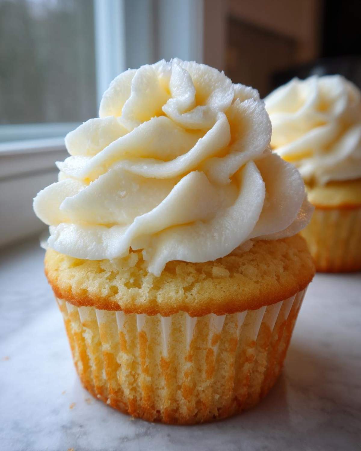 Close-up of a moist vanilla cupcake topped with a generous swirl of white buttercream frosting.