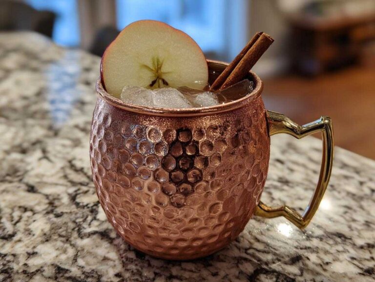 A close-up of an apple cider moscow mule served in a hammered copper mug with ice, garnished with an apple slice and cinnamon stick.
