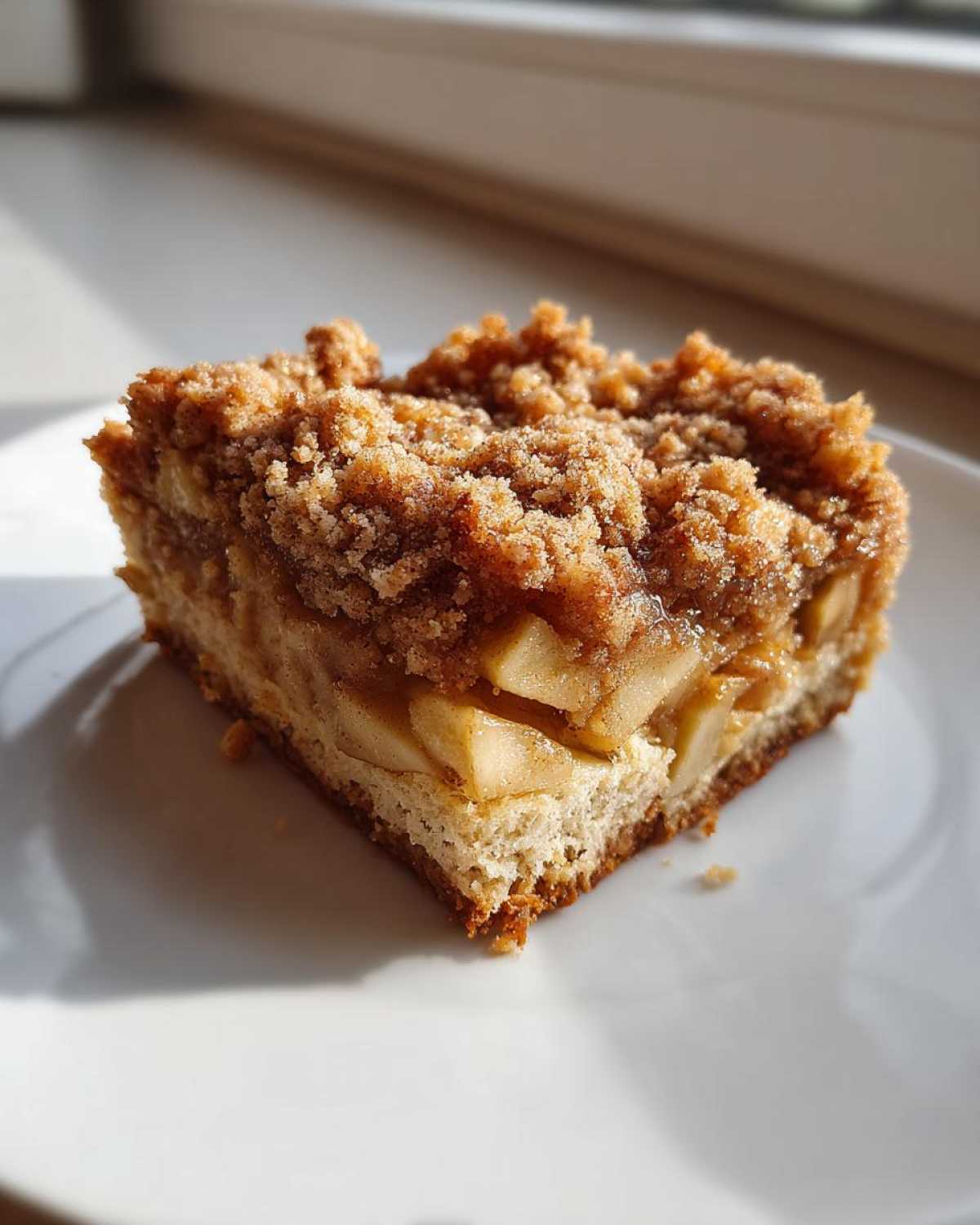 Close-up of a square slice of apple crumb cake showing layers of cake, spiced apples, and a thick, sugary crumb topping.
