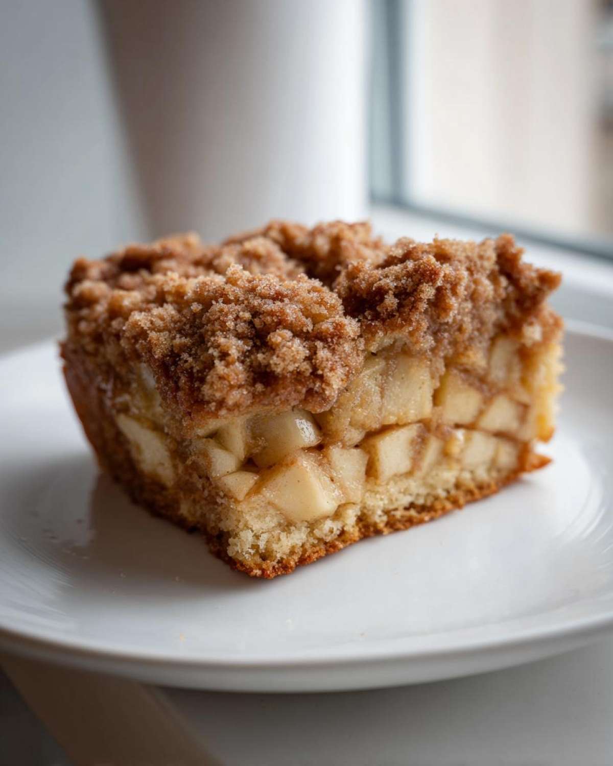A square slice of moist apple crumb cake showing chunky apple filling and a thick, sugary cinnamon crumb topping.