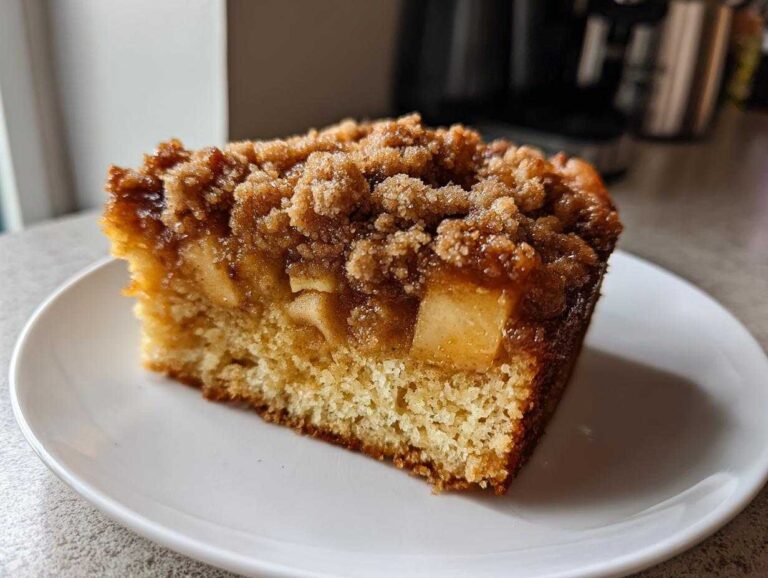 Close-up of a moist slice of apple crumb cake showing a tender cake base, caramelized apples, and a thick, sugary crumb topping.