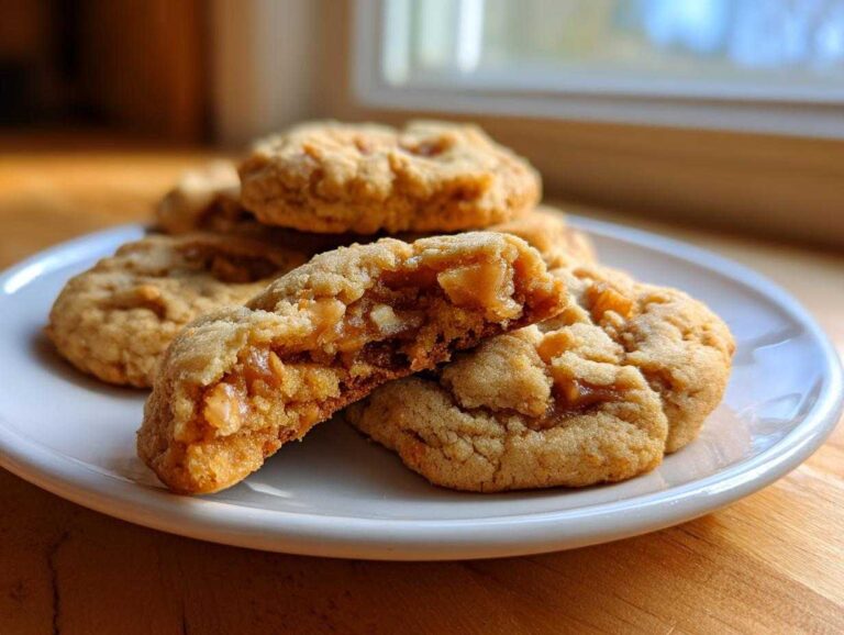 A stack of soft apple pie cookies on a white plate, one cookie is broken open showing a gooey apple and caramel filling.