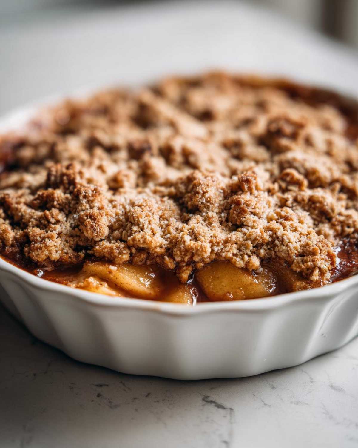 Close-up of a bubbling, baked apple crisp recipe topped with thick, golden brown crumble topping.