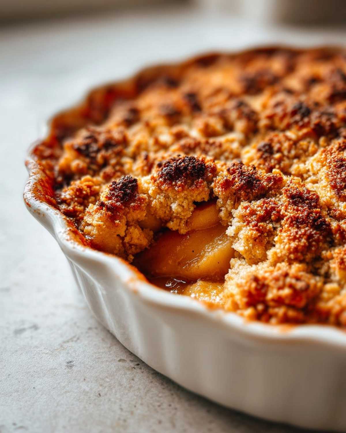 Close-up of a golden brown, perfectly baked apple crisp recipe in a white fluted baking dish.