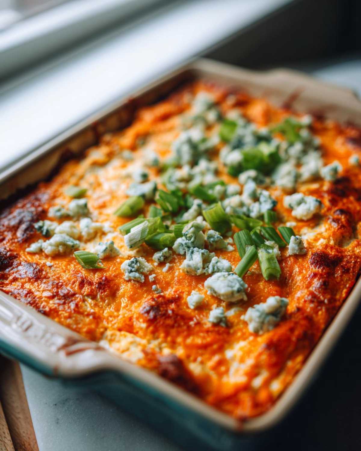 A close-up of hot, bubbly Buffalo chicken dip topped with crumbled blue cheese and sliced green onions.