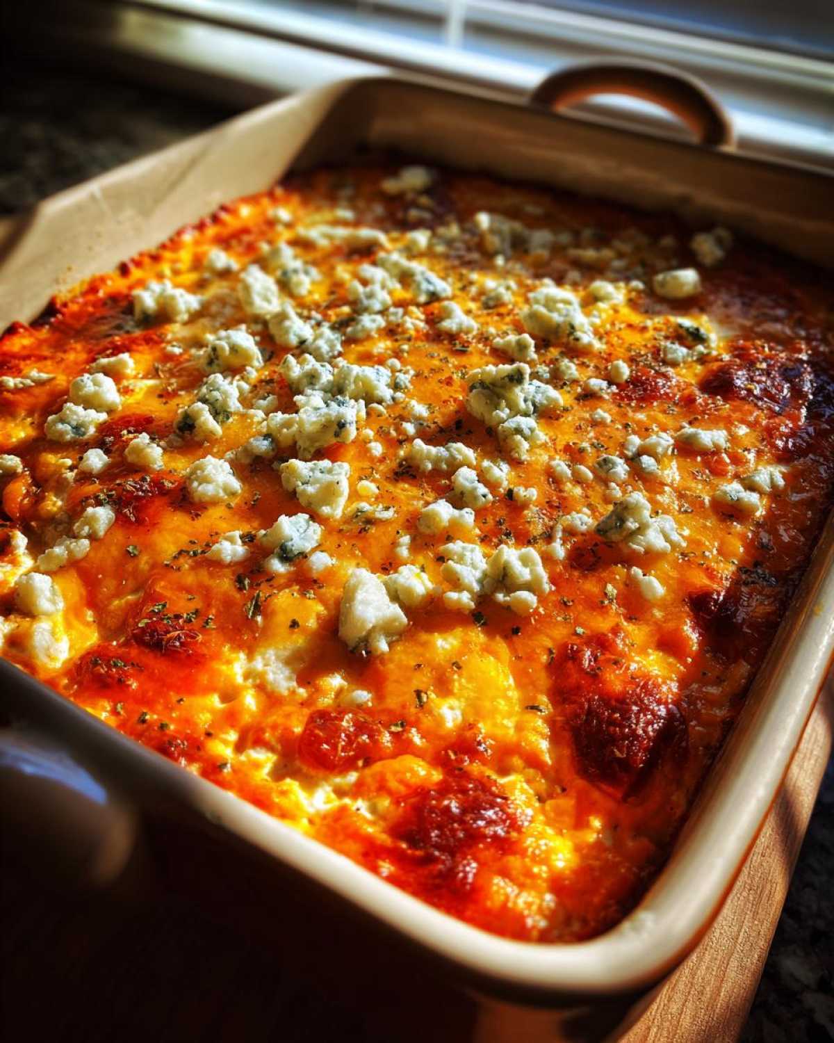 Close-up of a bubbling, baked Buffalo chicken dip topped generously with blue cheese crumbles.
