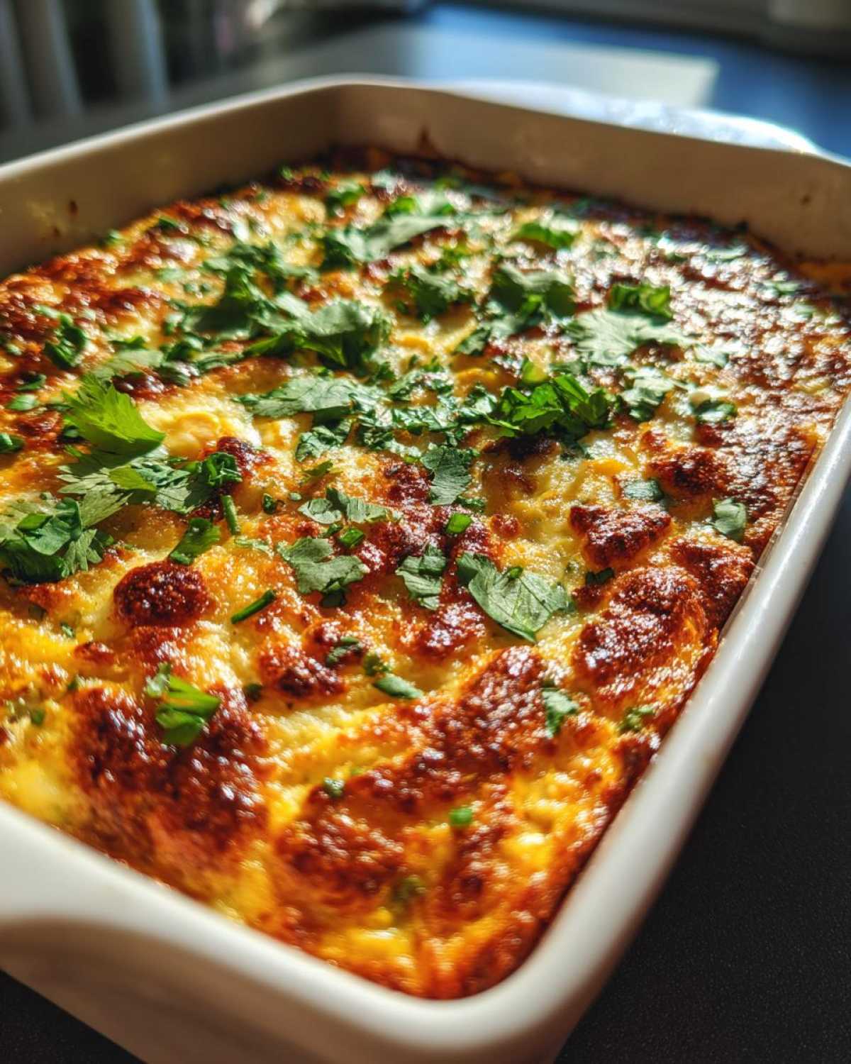 Close-up of a freshly baked corn dip with cream cheese, featuring a golden-brown, bubbly top garnished with fresh cilantro.