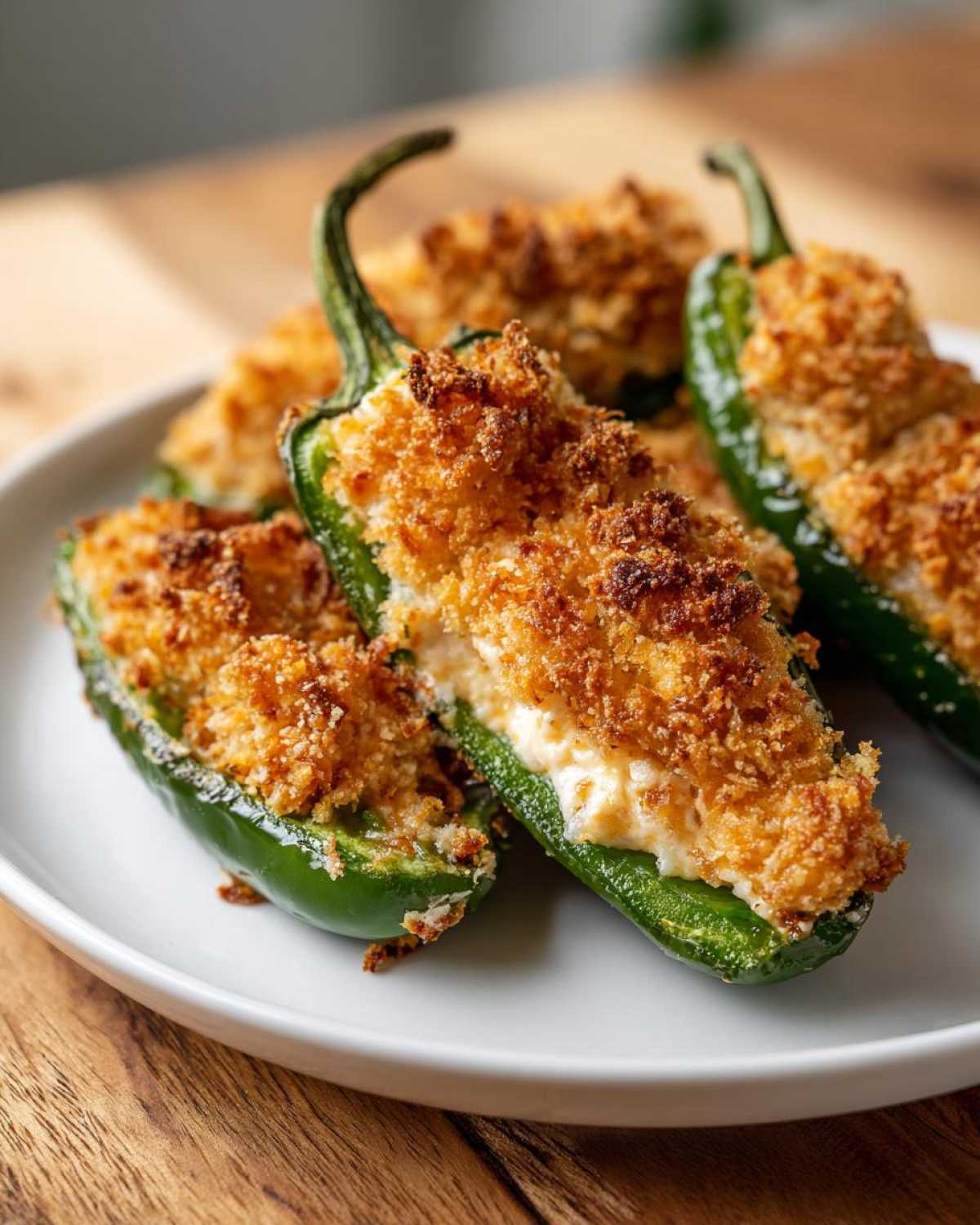 Close-up of four baked Jalapeño poppers stuffed with creamy cheese and topped with golden brown breadcrumbs.