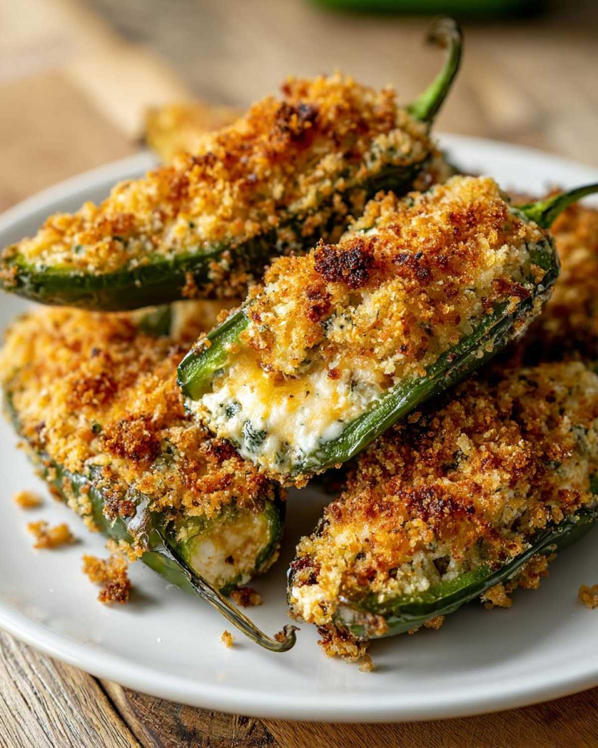 A close-up of several baked Jalapeño poppers piled on a white plate, featuring a golden, crispy breadcrumb topping and creamy cheese filling.