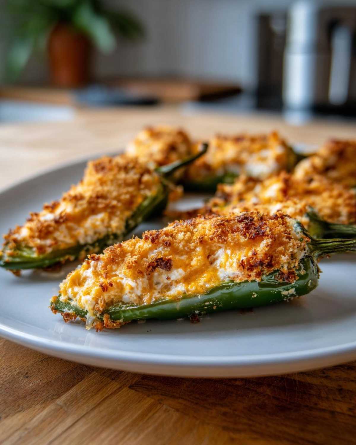A close-up of several baked Jalapeño poppers filled with creamy cheese and topped with golden, crispy breadcrumbs on a white plate.