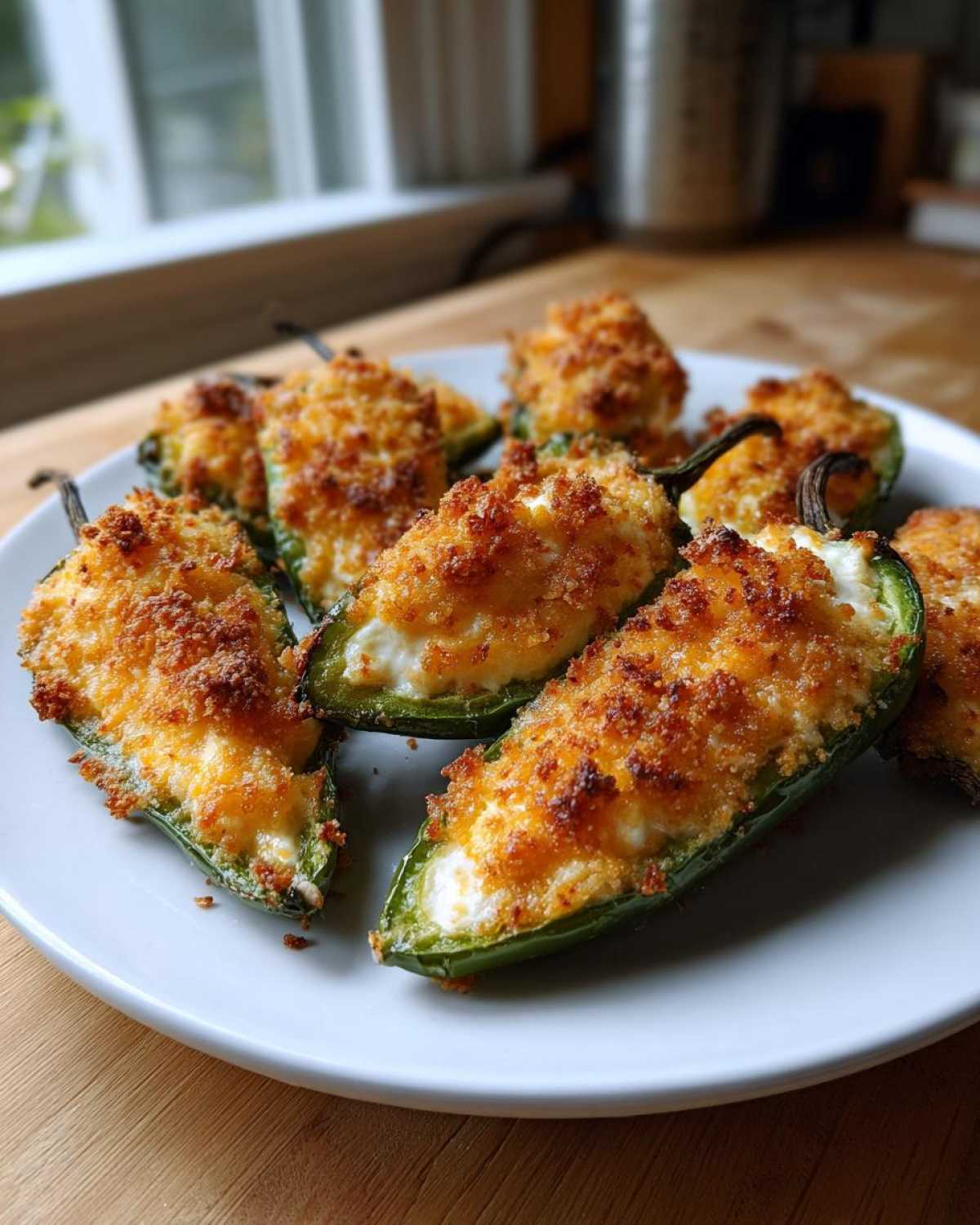 A plate of freshly baked jalapeño poppers, halved and stuffed with creamy filling and topped with golden, crispy breadcrumbs.