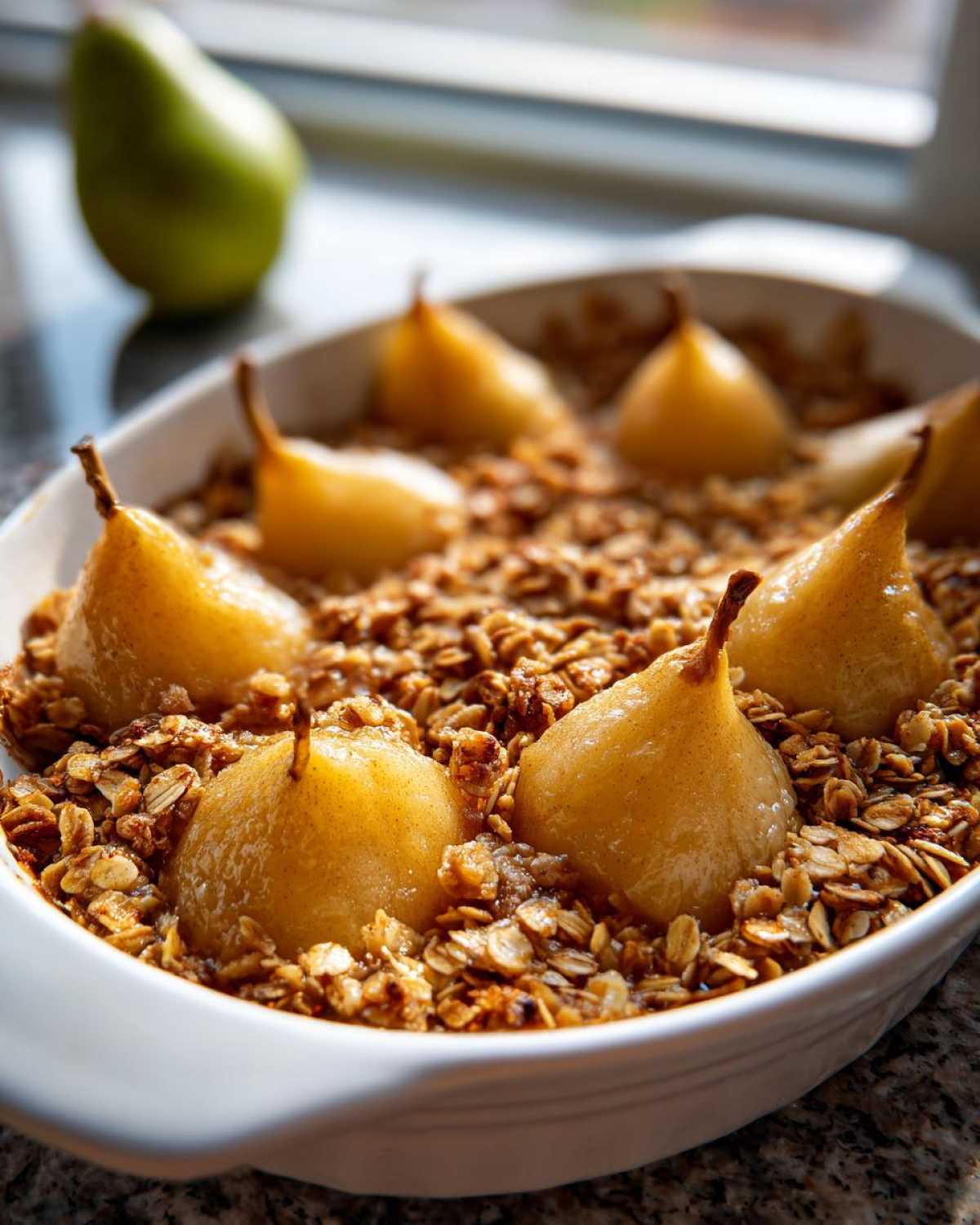 Close-up of baked pears nestled in a golden oat topping for a delicious pear crisp dessert.