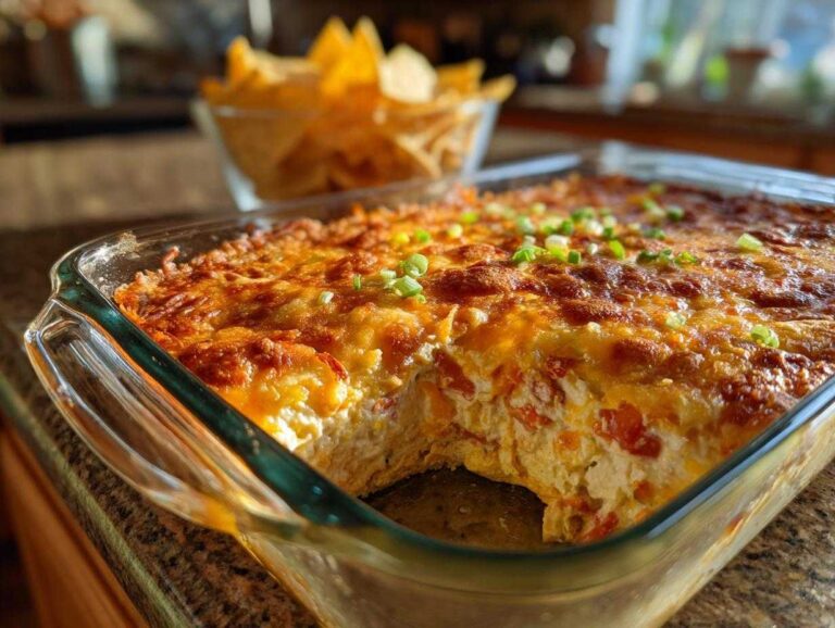 Close-up of a baked Seven layer dip in a glass dish with a scoop removed, topped with melted cheese and green onions.