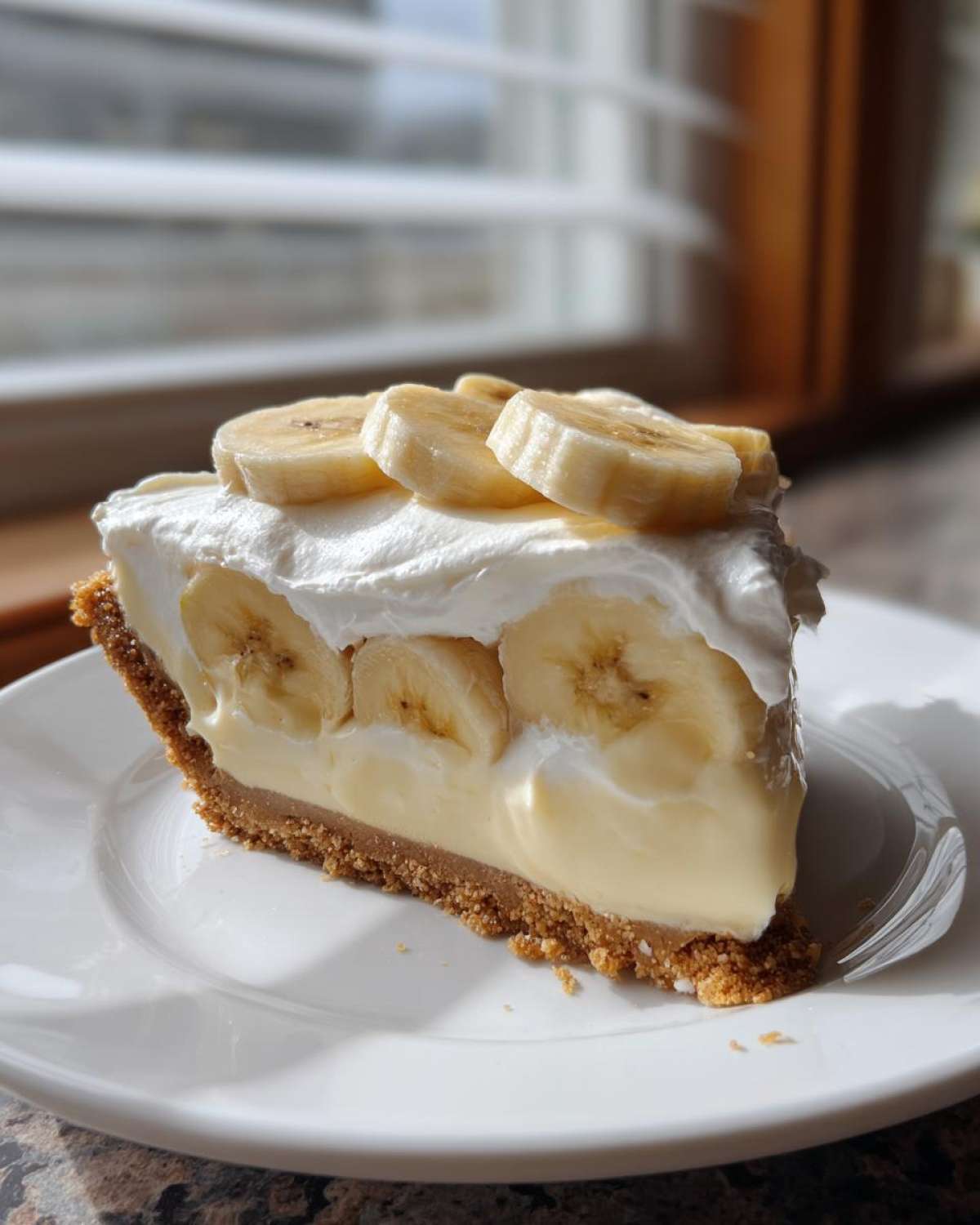 A perfect slice of banana cream pie recipe featuring a graham cracker crust, creamy filling, and fresh banana slices topped with whipped cream.