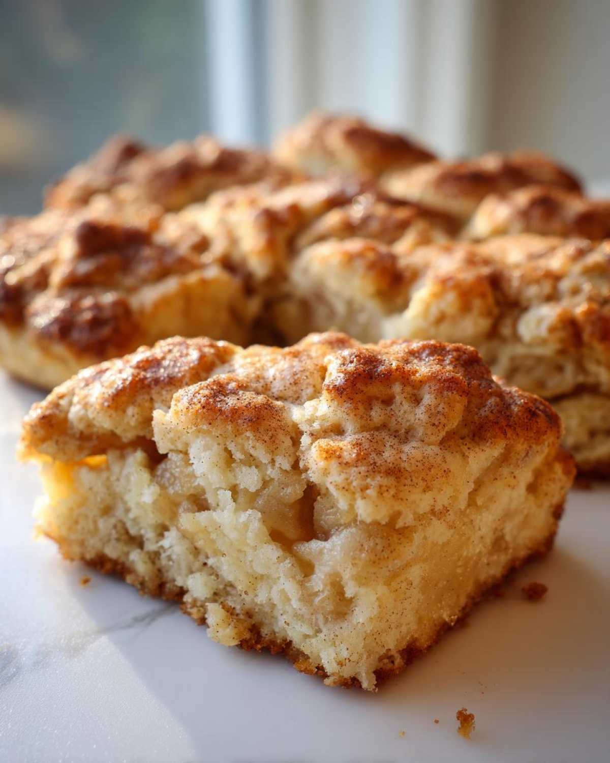 A close-up, cross-section view of a square piece from the best apple cobbler recipe, showing soft cake and chunks of cooked apple.