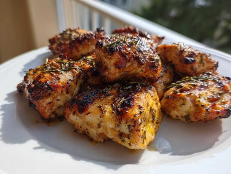 Close-up of golden-brown, grilled chicken pieces seasoned with herbs, showcasing the effects of a great chicken marinade.