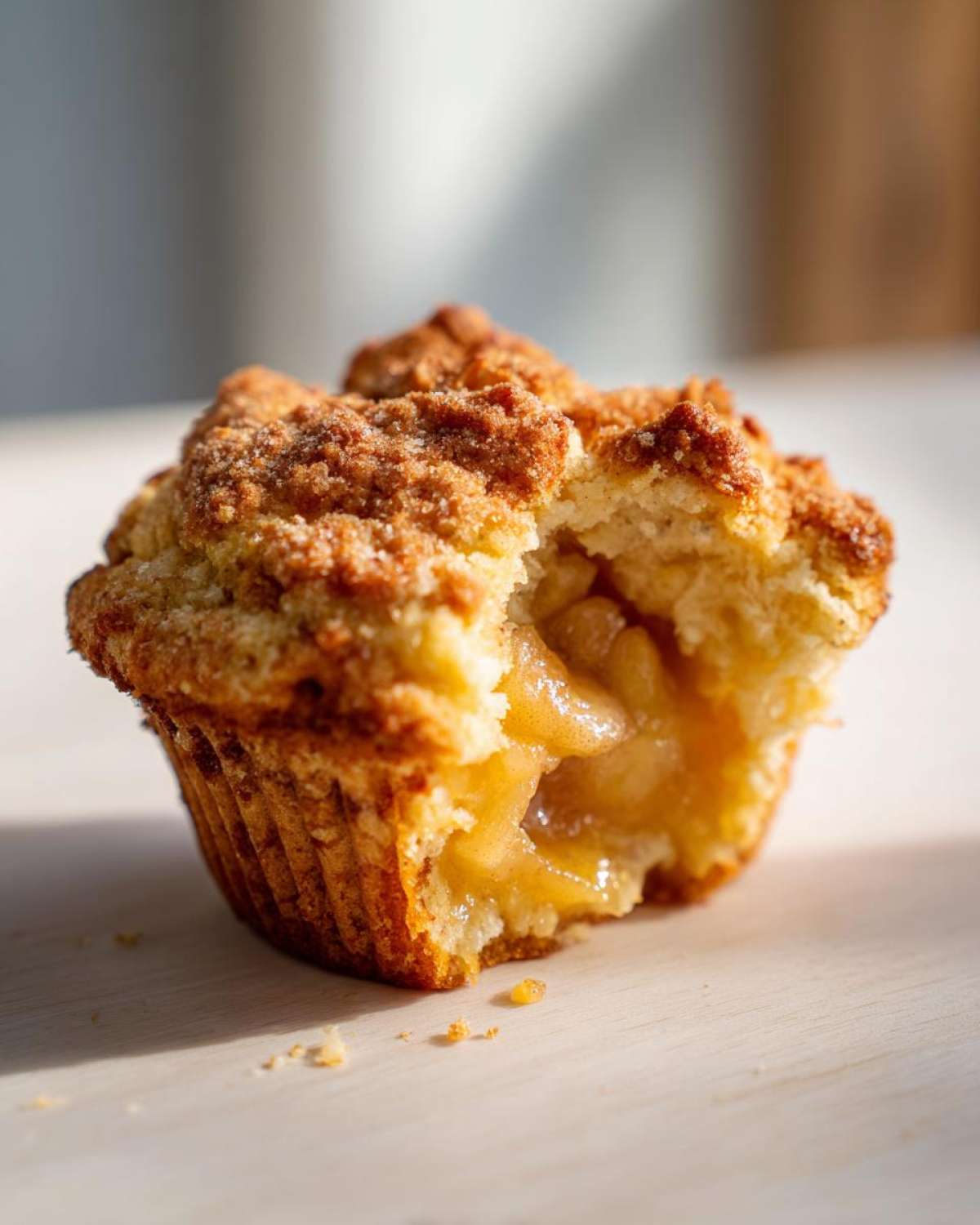 Close-up of a single apple cobbler recipe muffin with a bite taken out, revealing warm, gooey apple filling.