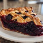 A thick slice of juicy blackberry pie featuring a golden lattice crust, served on a white plate.