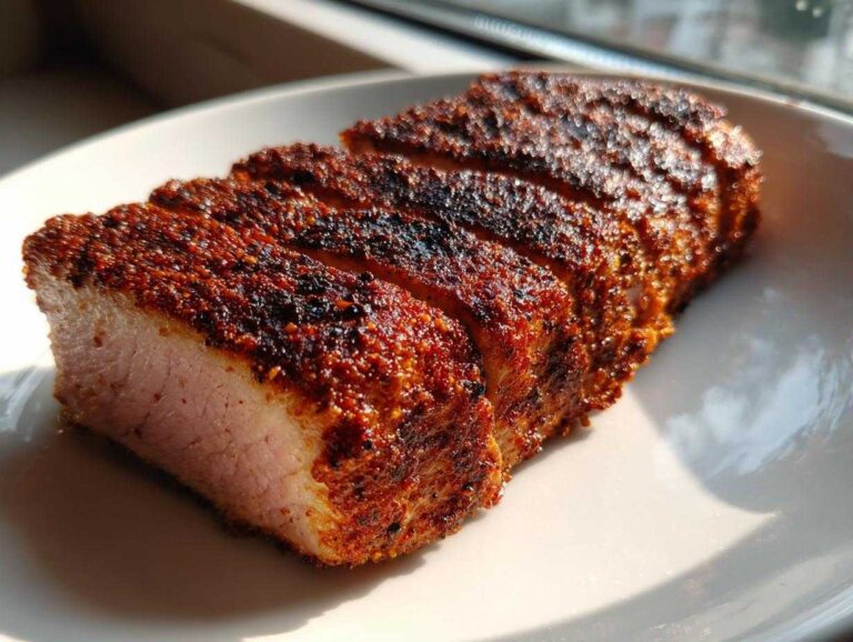 Close-up of a perfectly cooked Blackened Tuna Steak, sliced to show the medium-rare pink center and dark, heavily spiced crust.