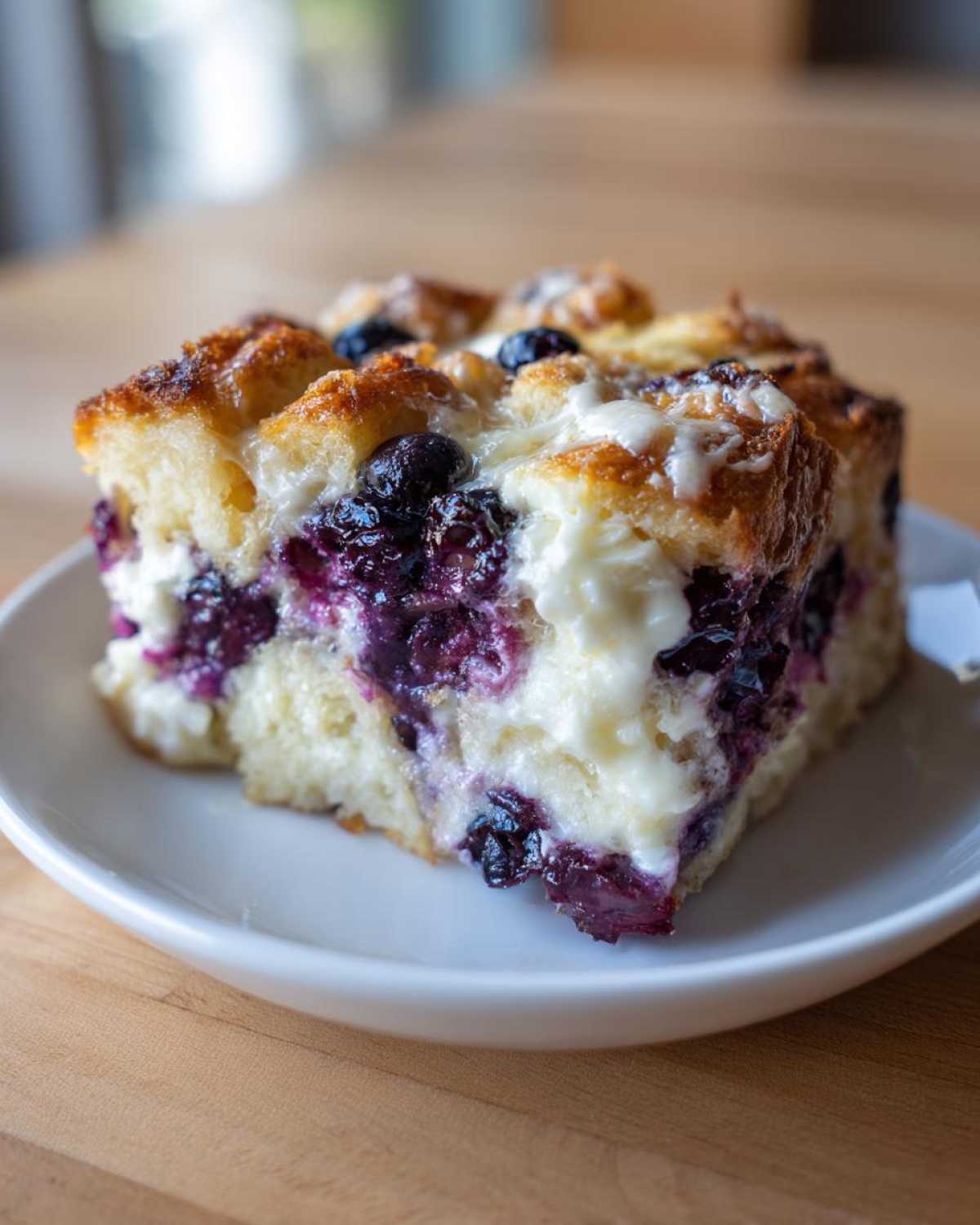 A close-up of a decadent slice of blueberry french toast casserole with visible cream cheese filling and baked blueberries.