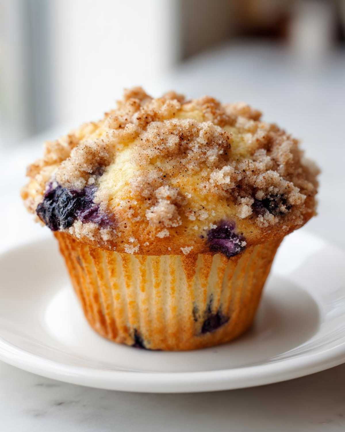 Close-up of a golden baked blueberry muffin topped with cinnamon streusel, sitting on a white plate.