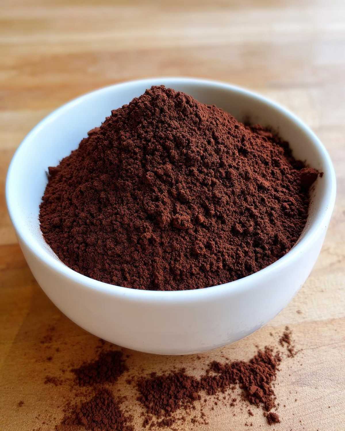 A white bowl filled high with dark brown, finely ground hot cocoa mix powder on a wooden surface.