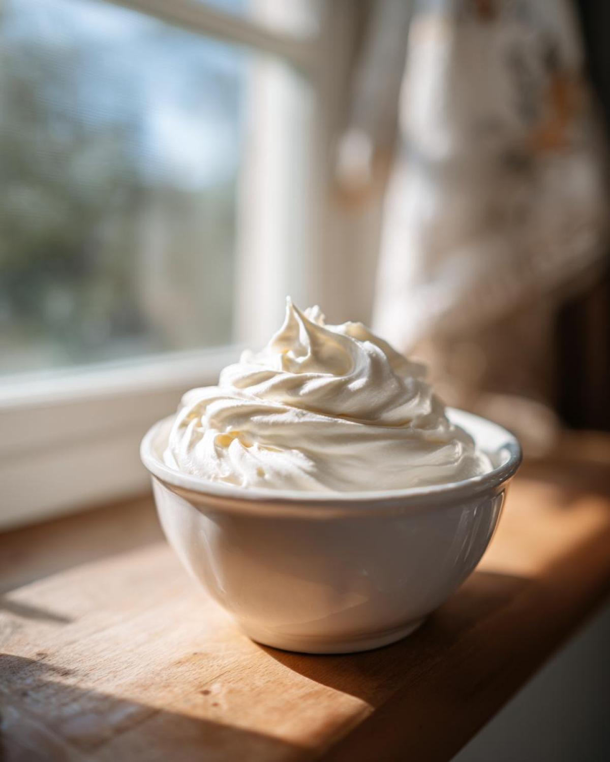 A white bowl filled with thick, piped white icing, likely for sugar cookie icing that hardens.