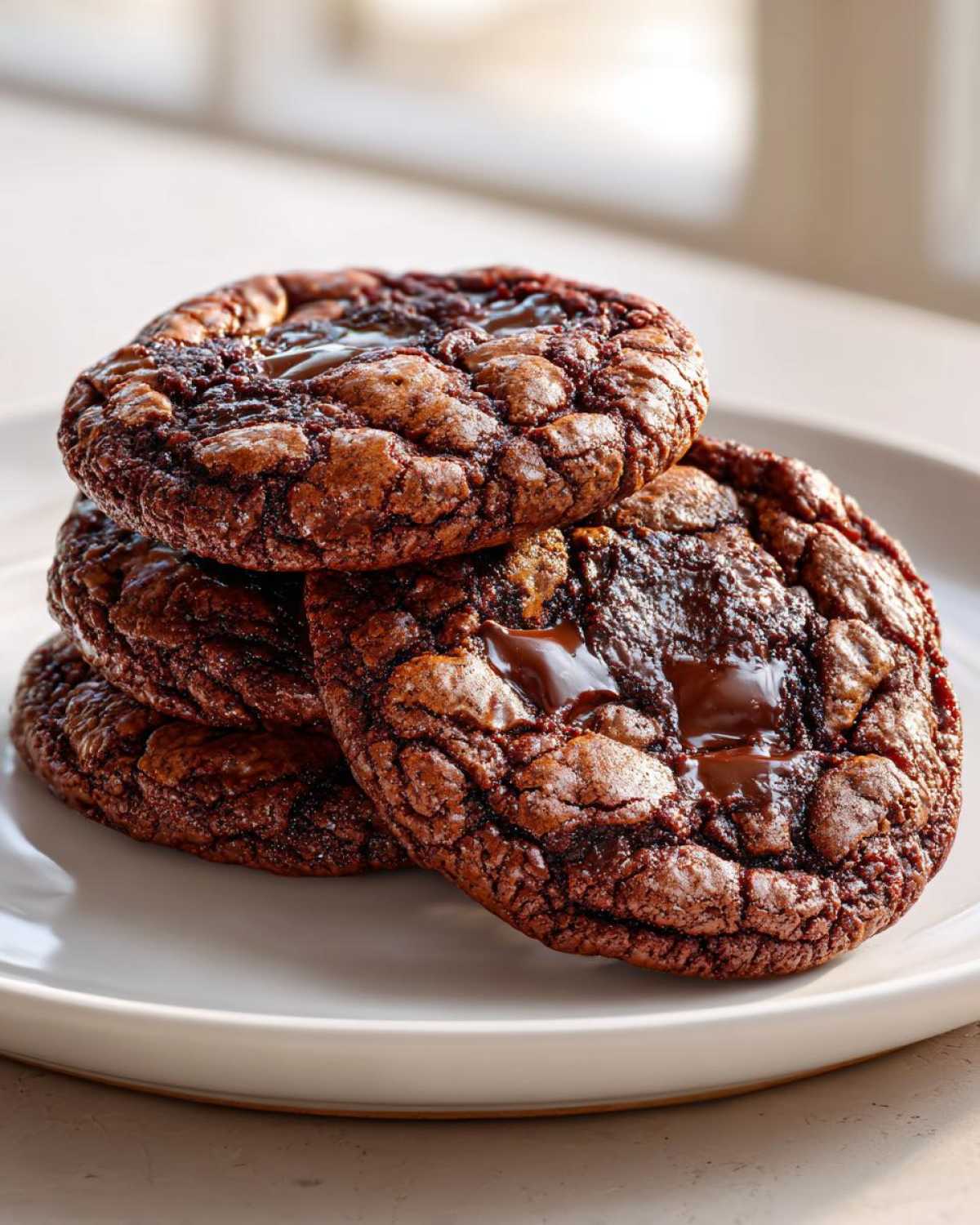 A stack of rich, dark brown butter chocolate chip cookies with gooey melted chocolate centers.