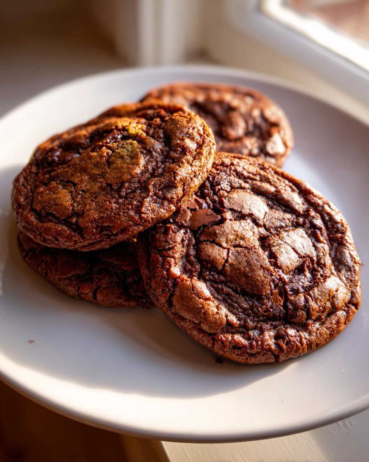 Close-up of rich, dark brown butter chocolate chip cookies stacked slightly on a white plate near a window.
